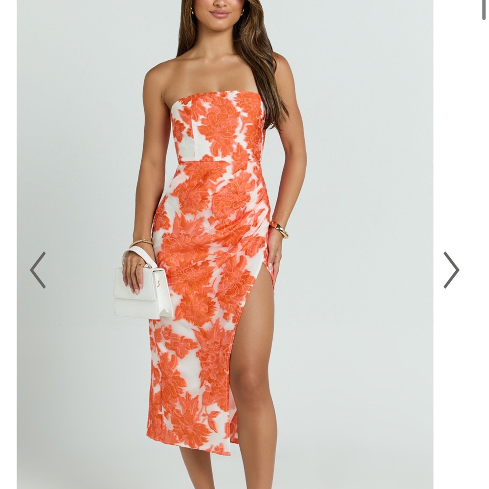 orange & white jacquard midi dress - bailey thigh split midi dress
